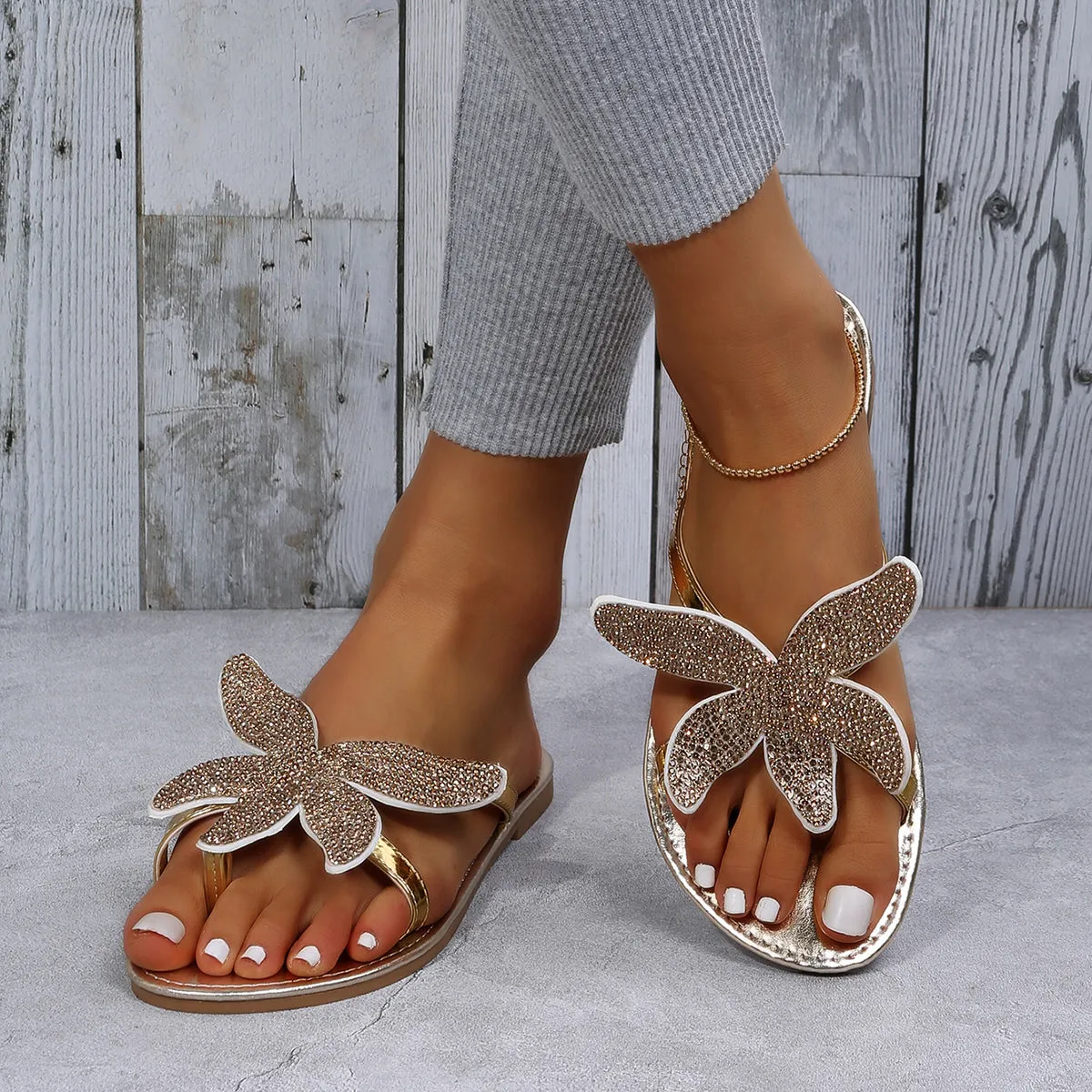 Sohiwoo  Women Shiny Starfish Slide Sandals Flat Flip Flops Slippers