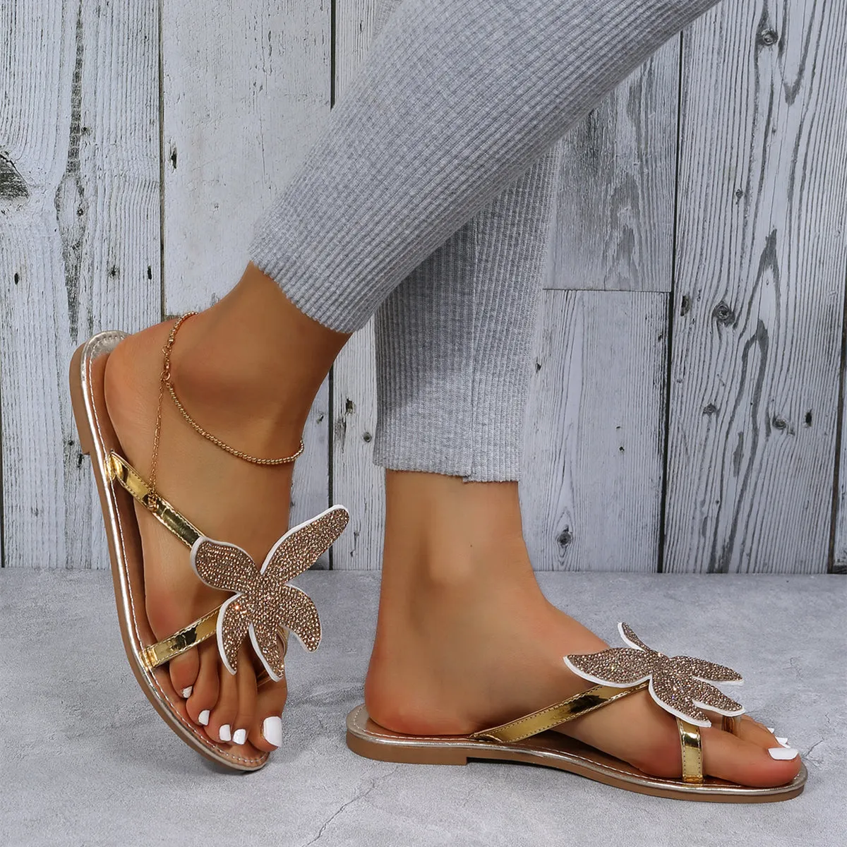 Sohiwoo  Women Shiny Starfish Slide Sandals Flat Flip Flops Slippers