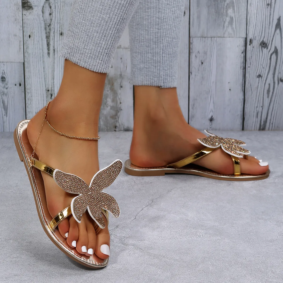 Sohiwoo  Women Shiny Starfish Slide Sandals Flat Flip Flops Slippers