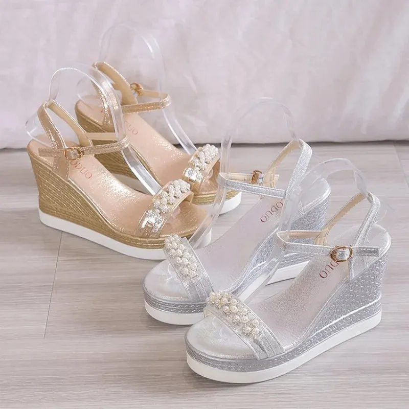 Sohiwoo Women's Sandals Summer New Pearl Transparent Rhinestones High Heels Buckle Fashoin Ladies Wedge Sandals Female Beach Shoes
