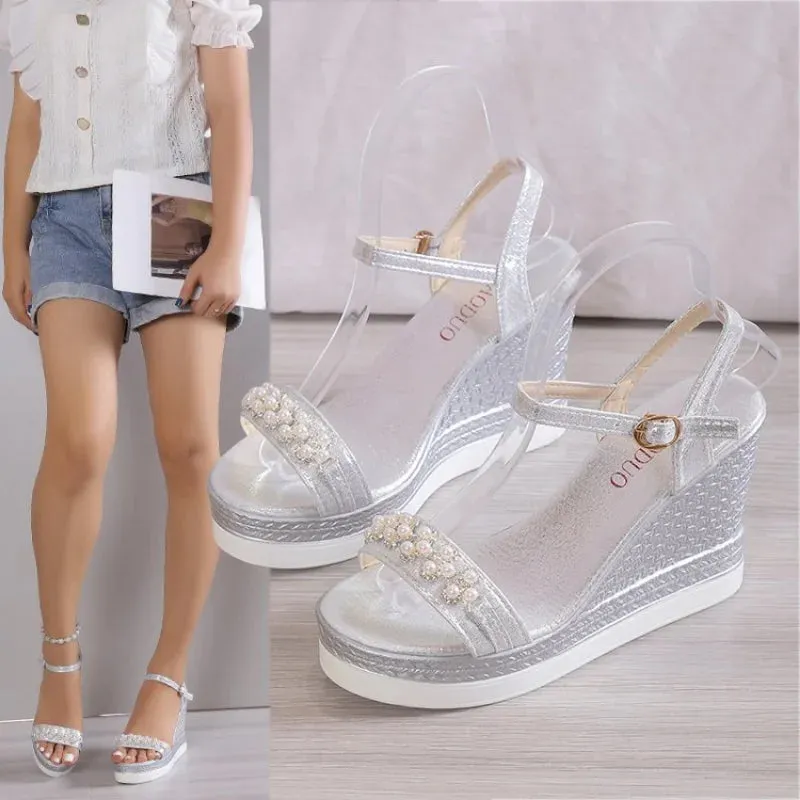 Sohiwoo Women's Sandals Summer New Pearl Transparent Rhinestones High Heels Buckle Fashoin Ladies Wedge Sandals Female Beach Shoes
