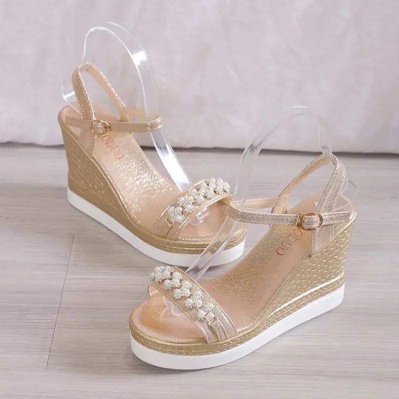 Sohiwoo Women's Sandals Summer New Pearl Transparent Rhinestones High Heels Buckle Fashoin Ladies Wedge Sandals Female Beach Shoes