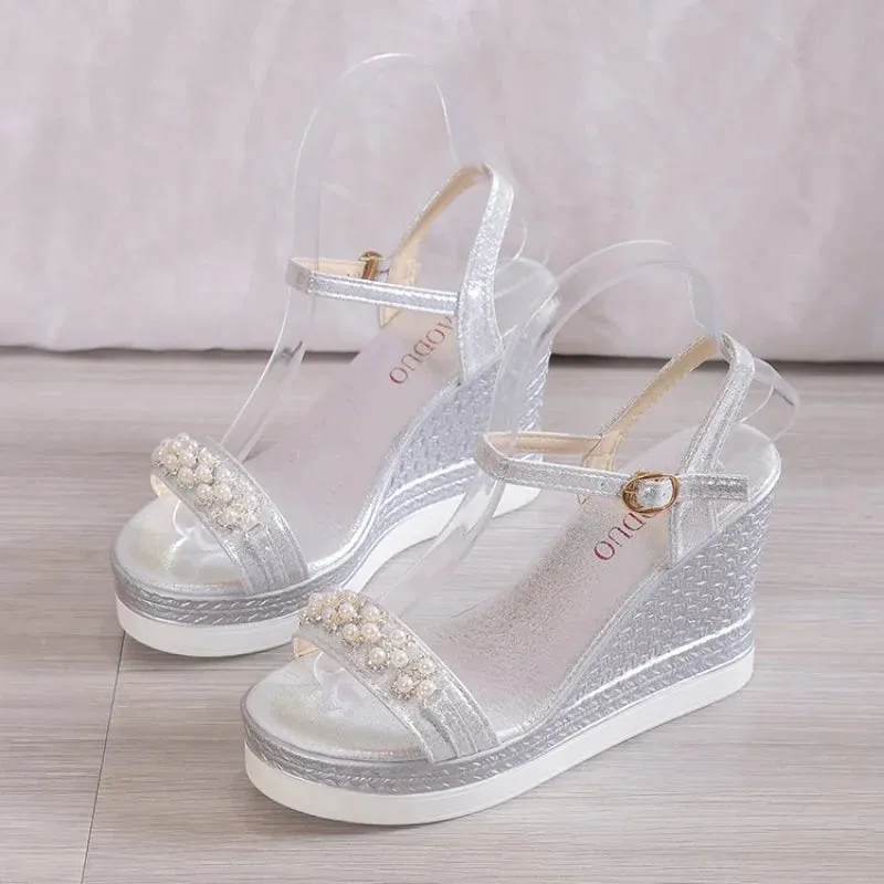 Sohiwoo Women's Sandals Summer New Pearl Transparent Rhinestones High Heels Buckle Fashoin Ladies Wedge Sandals Female Beach Shoes