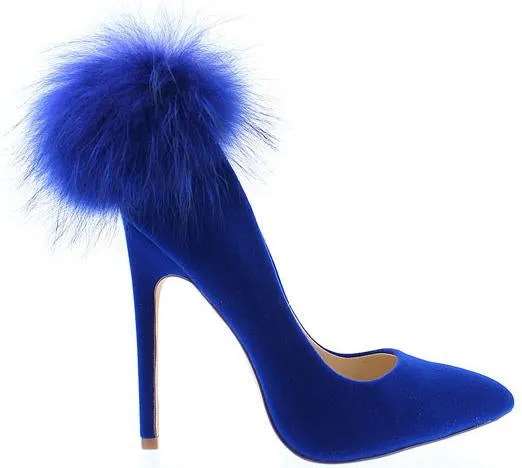 STRIKING FUR POM NAVY PUMP