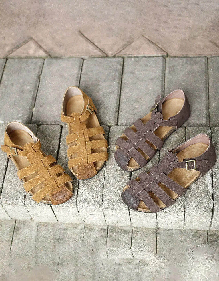 Suede Close Toe Woven Flat Sandals