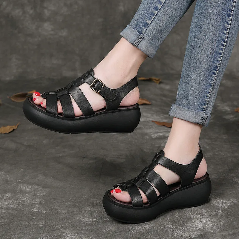 Summer Leather Woven Wedge Sandals Slingback