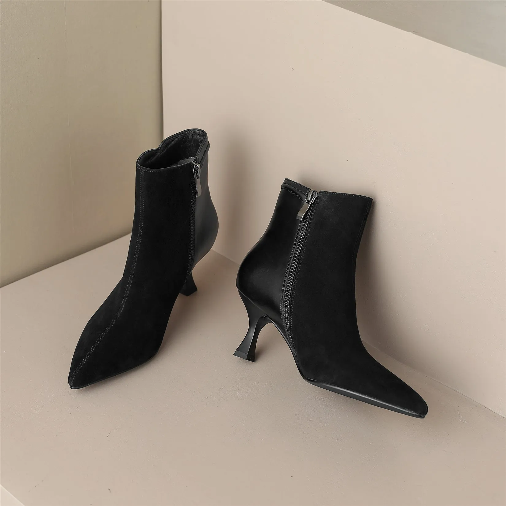 TinaCus Handmade Women's Patchwork Leather Side Zipper Pointed Toe Sexy Kitten Heel Ankle Boots