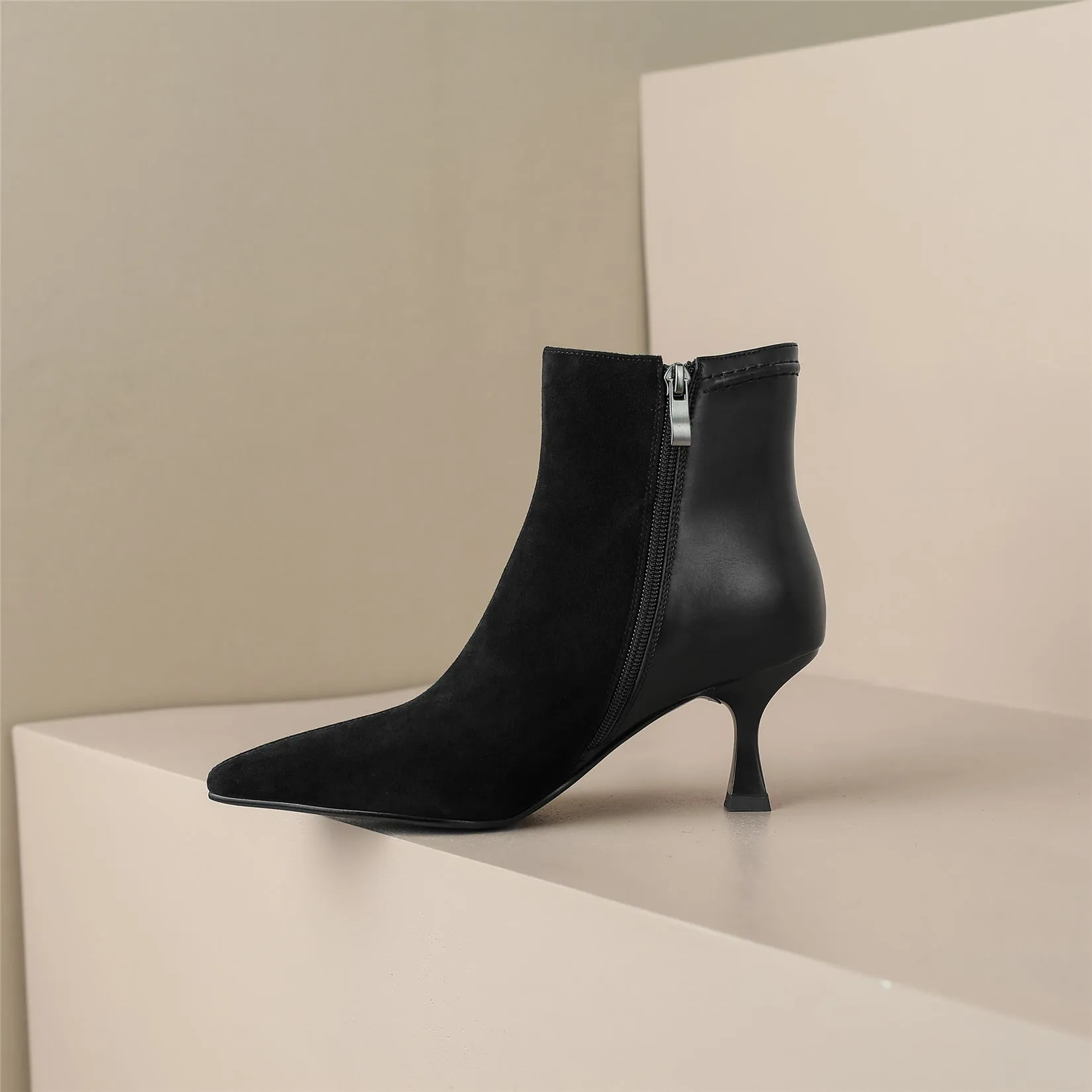 TinaCus Handmade Women's Patchwork Leather Side Zipper Pointed Toe Sexy Kitten Heel Ankle Boots