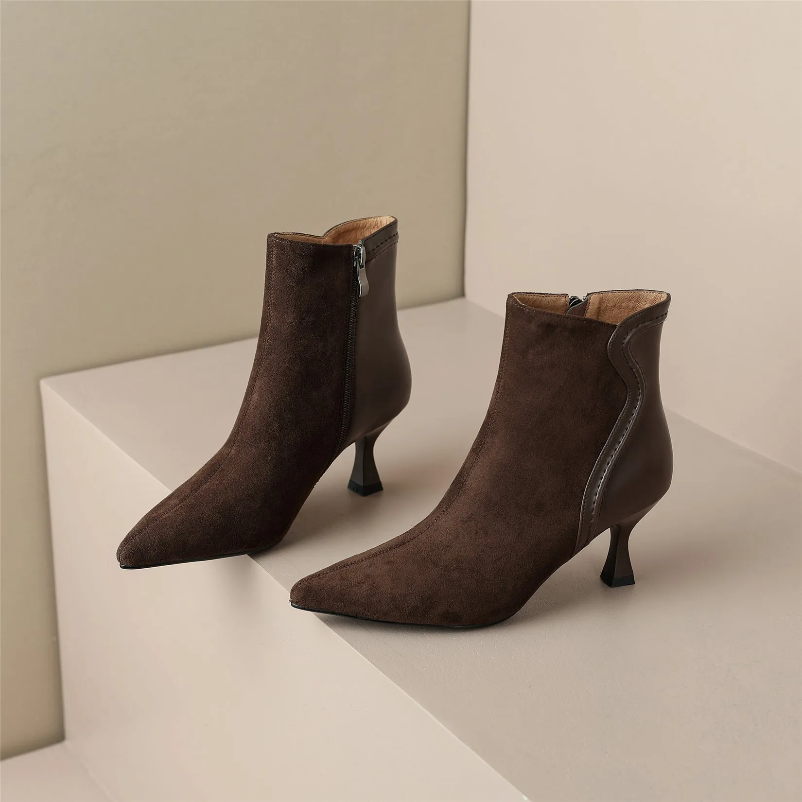 TinaCus Handmade Women's Patchwork Leather Side Zipper Pointed Toe Sexy Kitten Heel Ankle Boots