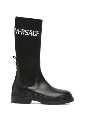 Versace   Logo leather &amp; knit boots 