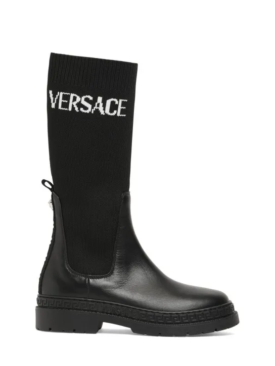 Versace   Logo leather &amp; knit boots 