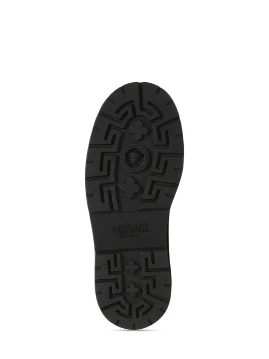 Versace   Logo leather &amp; knit boots 