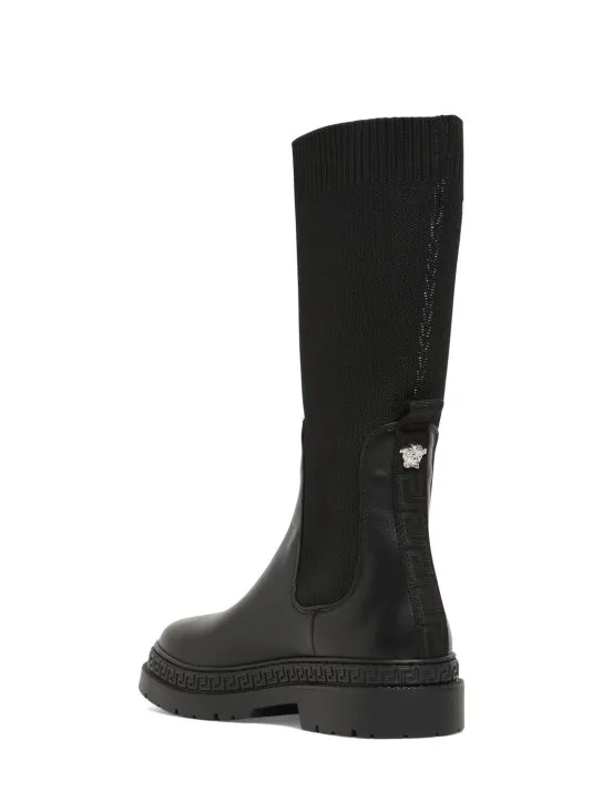 Versace   Logo leather &amp; knit boots 
