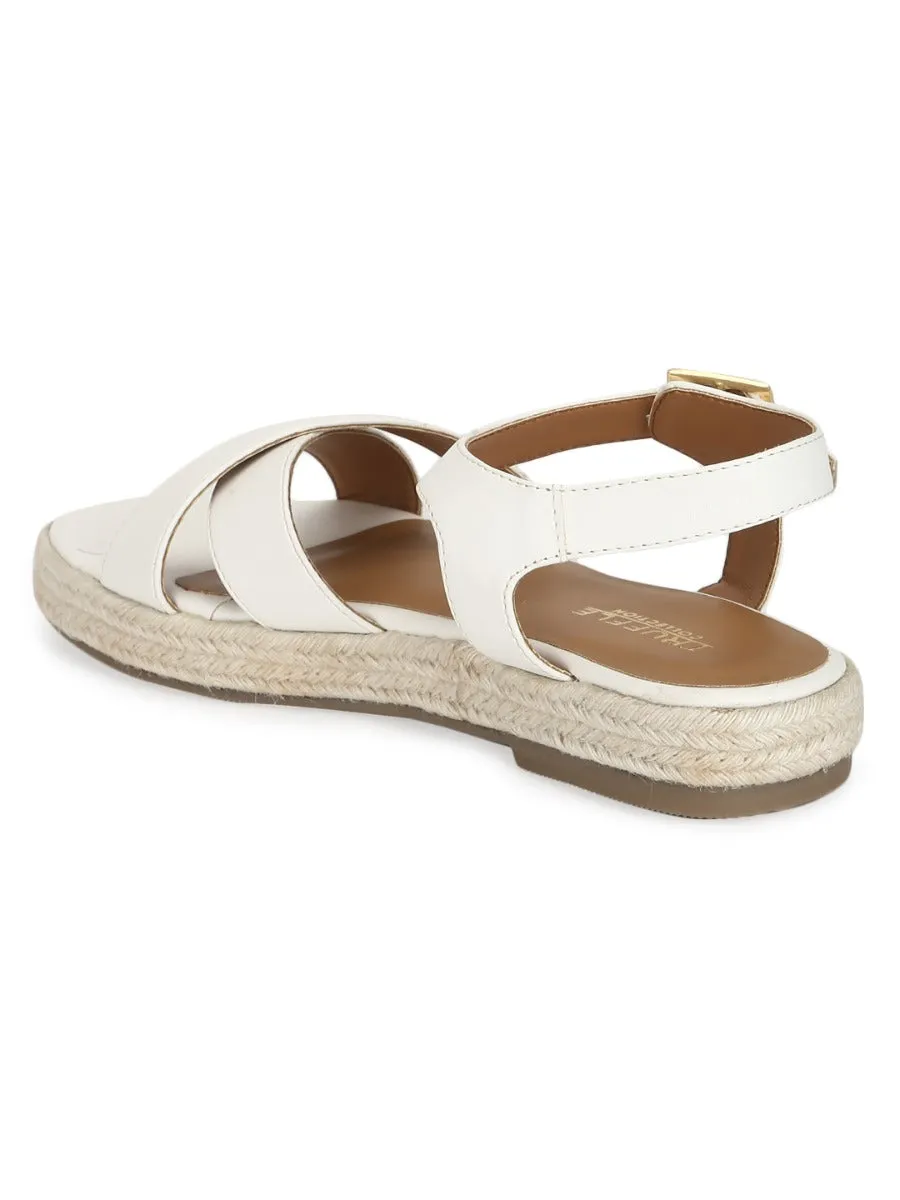 White PU Criss Cross Straps Jute Espadrilles