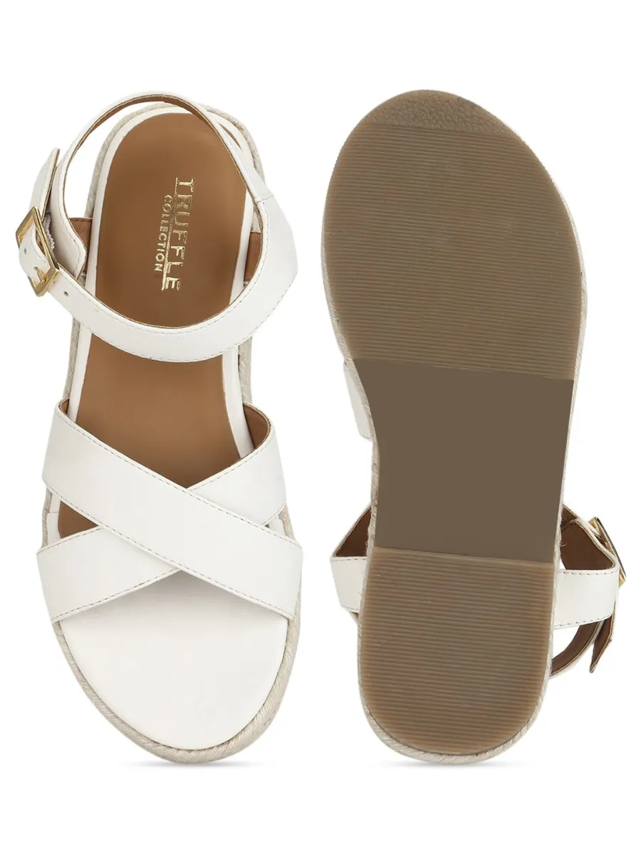 White PU Criss Cross Straps Jute Espadrilles