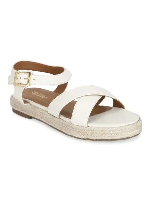 White PU Criss Cross Straps Jute Espadrilles