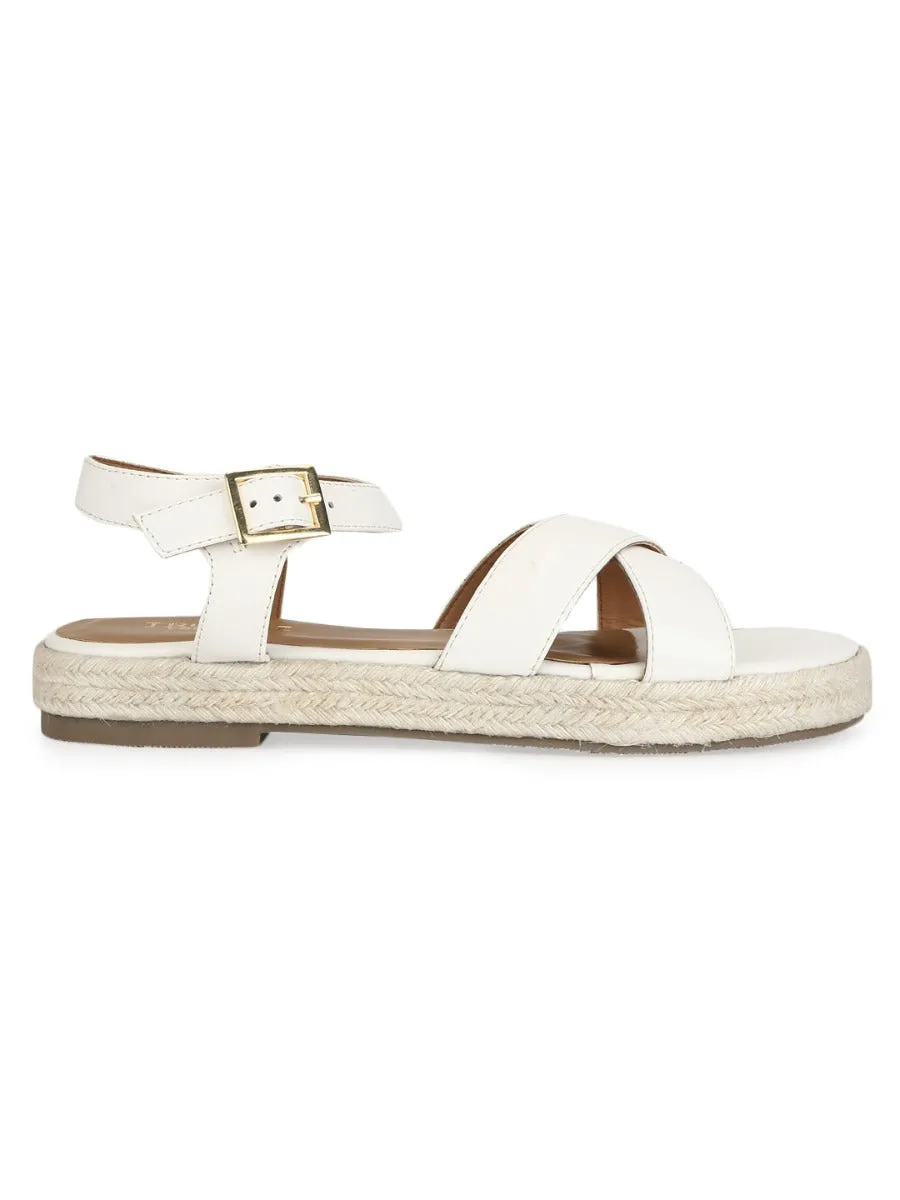 White PU Criss Cross Straps Jute Espadrilles