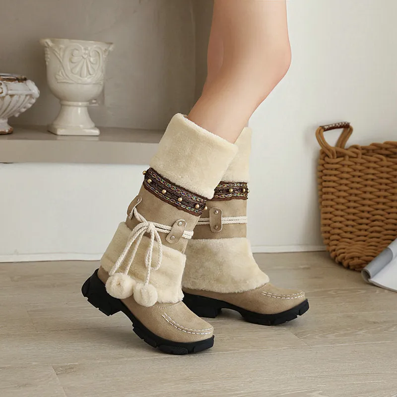 Winter Middle Heel Cotton Boots Wool Ball High Tube Warm Boots Knight Snow Boots