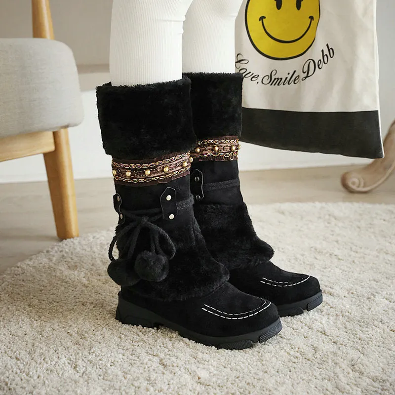 Winter Middle Heel Cotton Boots Wool Ball High Tube Warm Boots Knight Snow Boots