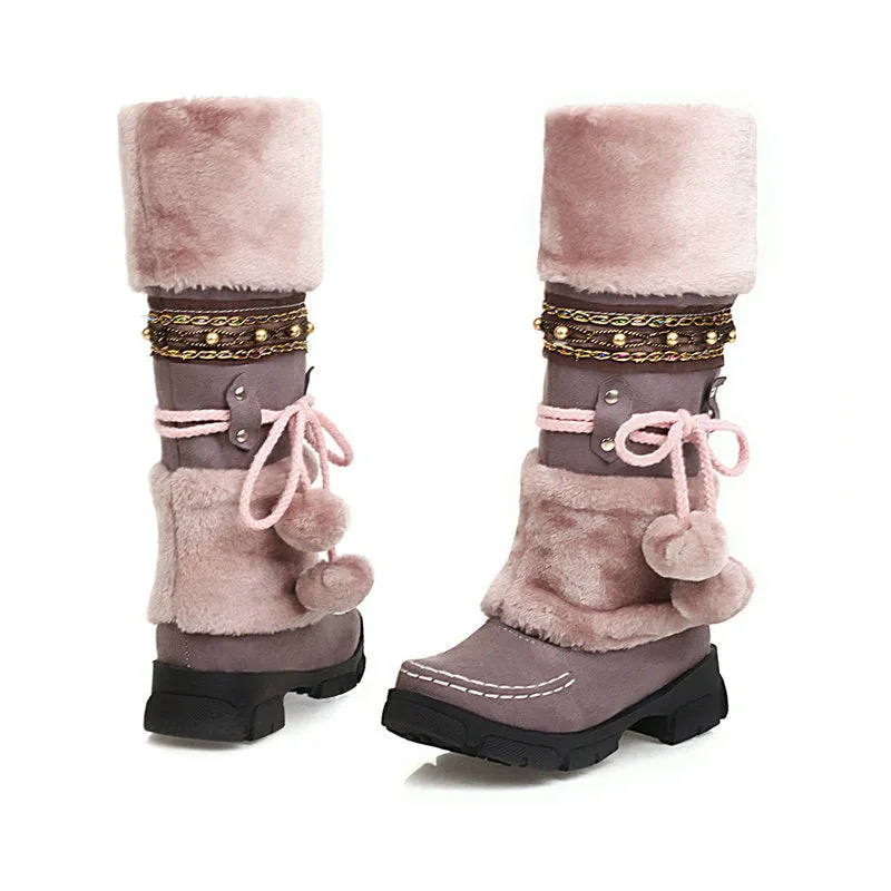Winter Middle Heel Cotton Boots Wool Ball High Tube Warm Boots Knight Snow Boots