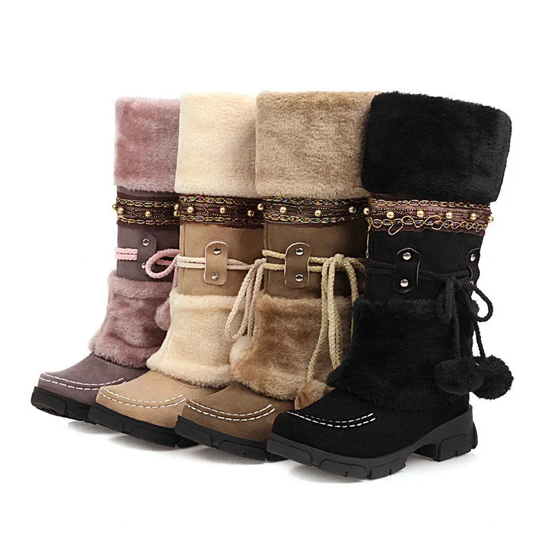 Winter Middle Heel Cotton Boots Wool Ball High Tube Warm Boots Knight Snow Boots