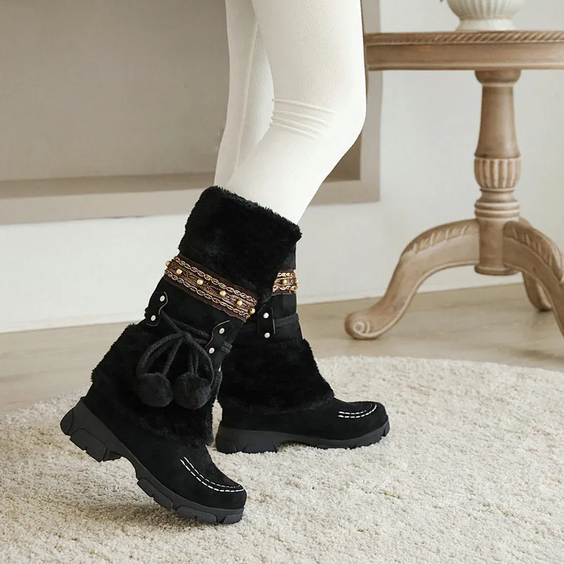 Winter Middle Heel Cotton Boots Wool Ball High Tube Warm Boots Knight Snow Boots