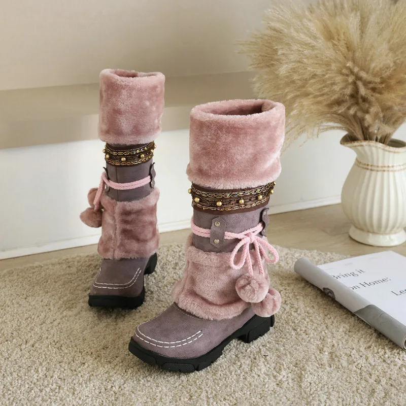 Winter Middle Heel Cotton Boots Wool Ball High Tube Warm Boots Knight Snow Boots