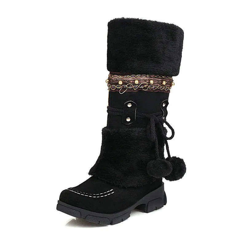 Winter Middle Heel Cotton Boots Wool Ball High Tube Warm Boots Knight Snow Boots