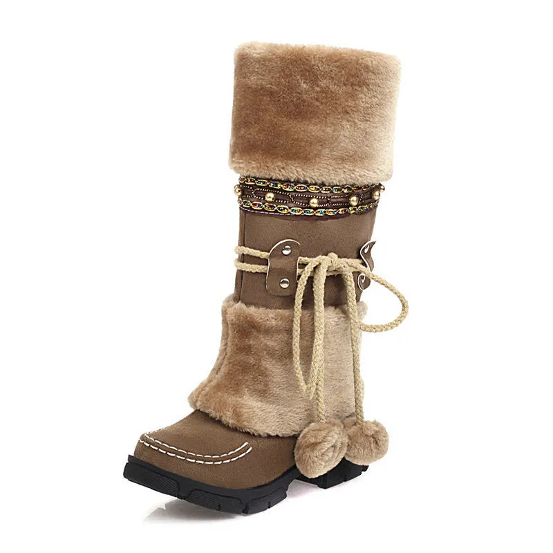 Winter Middle Heel Cotton Boots Wool Ball High Tube Warm Boots Knight Snow Boots