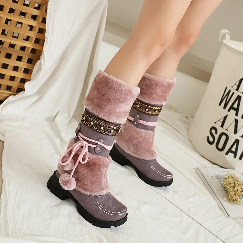 Winter Middle Heel Cotton Boots Wool Ball High Tube Warm Boots Knight Snow Boots