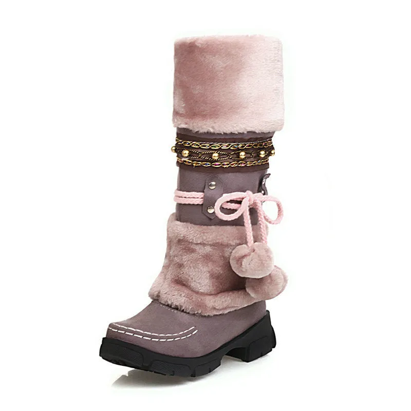 Winter Middle Heel Cotton Boots Wool Ball High Tube Warm Boots Knight Snow Boots