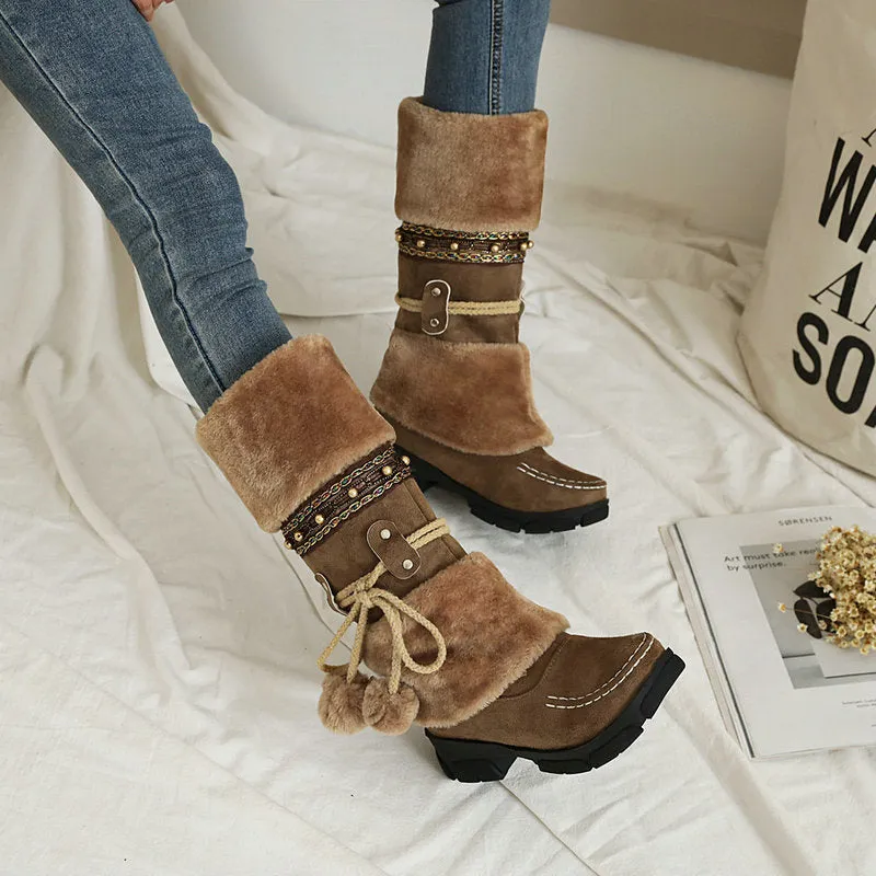 Winter Middle Heel Cotton Boots Wool Ball High Tube Warm Boots Knight Snow Boots