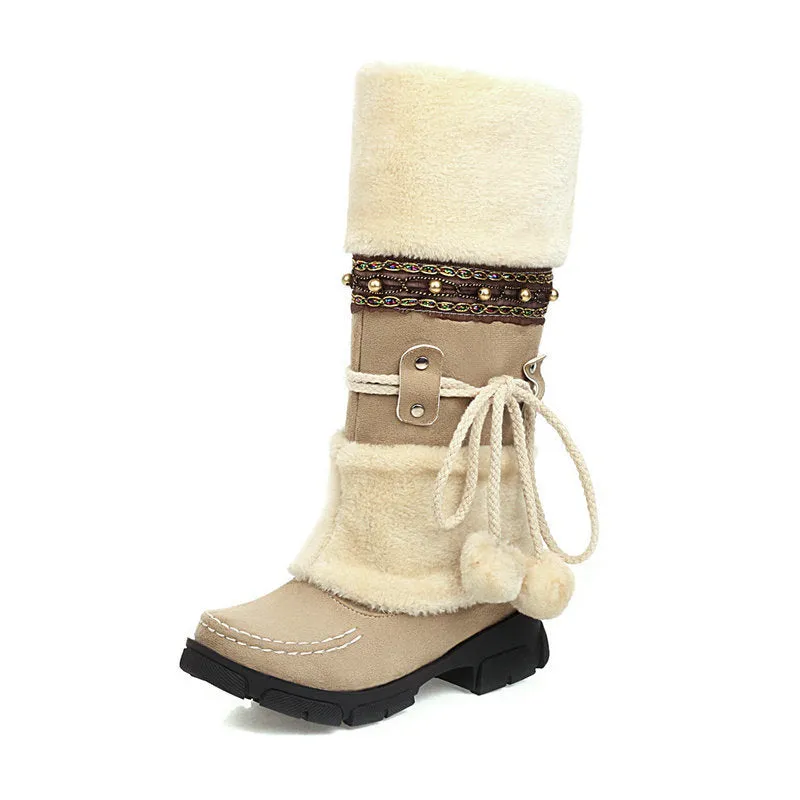 Winter Middle Heel Cotton Boots Wool Ball High Tube Warm Boots Knight Snow Boots