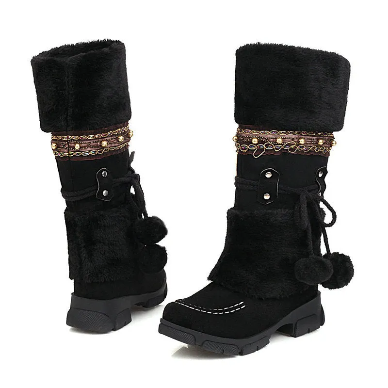Winter Middle Heel Cotton Boots Wool Ball High Tube Warm Boots Knight Snow Boots