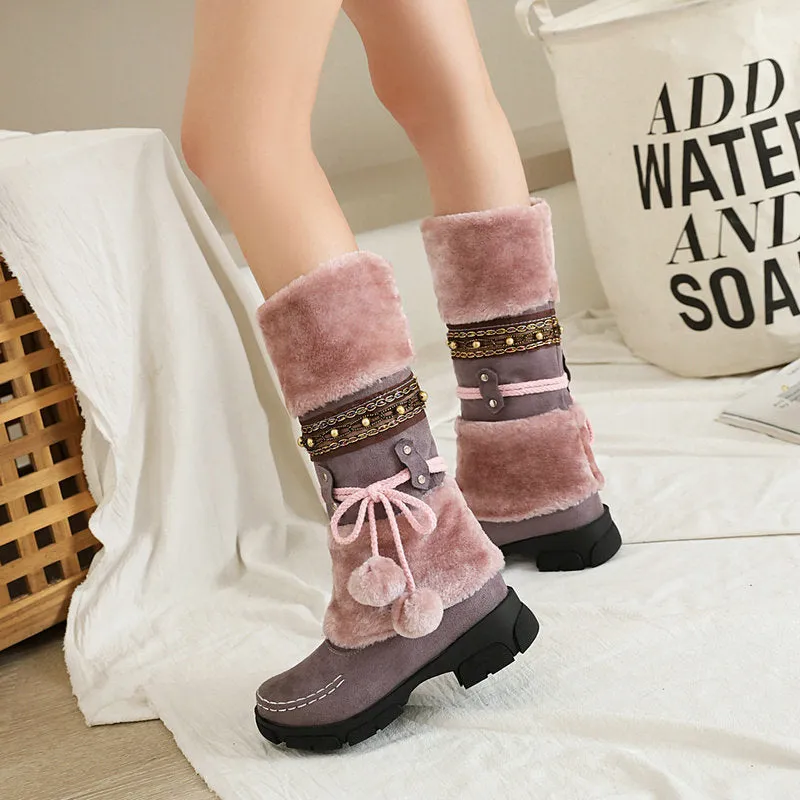 Winter Middle Heel Cotton Boots Wool Ball High Tube Warm Boots Knight Snow Boots