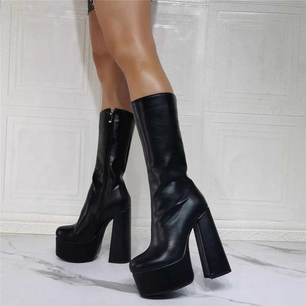 Women black gothic mid calf chunky high heel platform boots