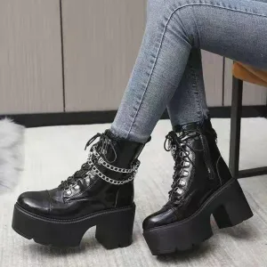 Women' black metal chains steampunk lace-up booties block heel gothic boots