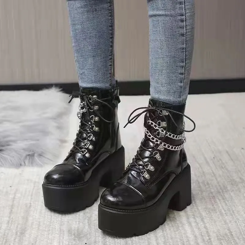 Women' black metal chains steampunk lace-up booties block heel gothic boots
