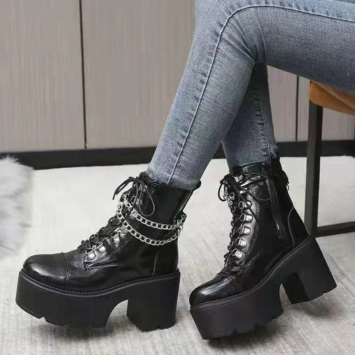Women' black metal chains steampunk lace-up booties block heel gothic boots