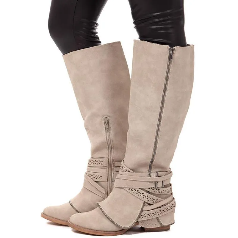 Women buckle strap hollow chunky heel side zipper knee high boots