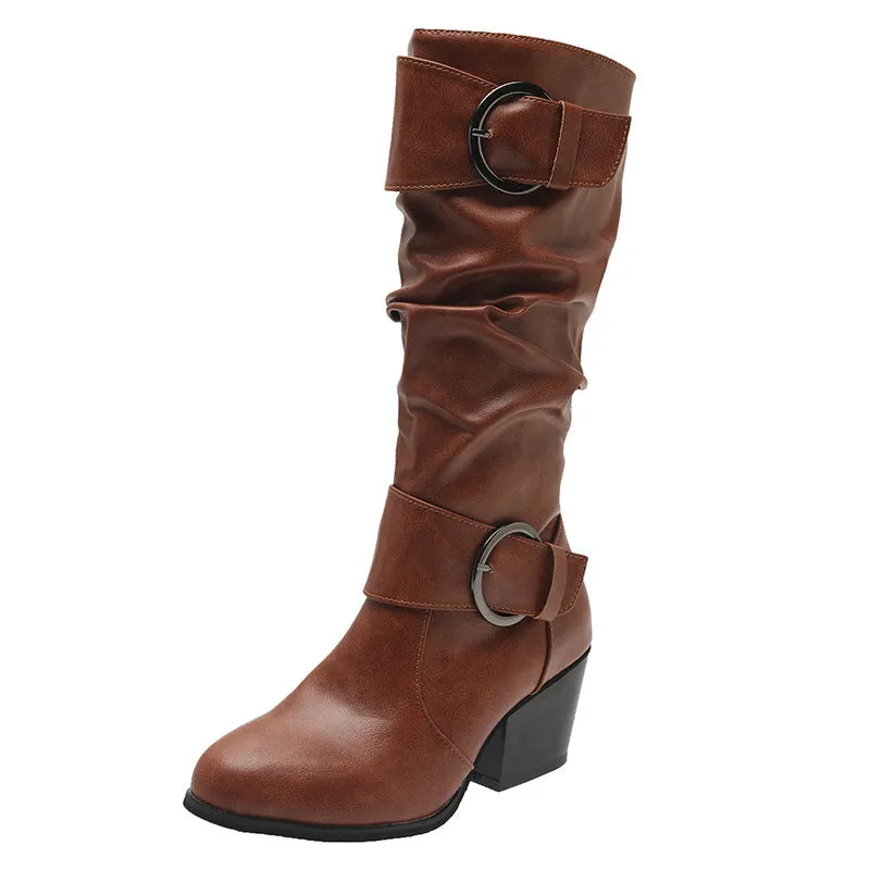 Women knee high boots vintage buckle strap slip on chunky heel boots round toe