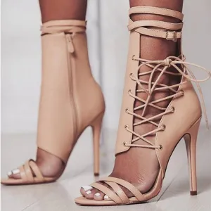 Women peep toe ankle strappy stiletto lace up heels
