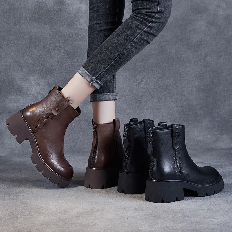 Women Retro Casual Patchwork Leather Chunky Heel Boots
