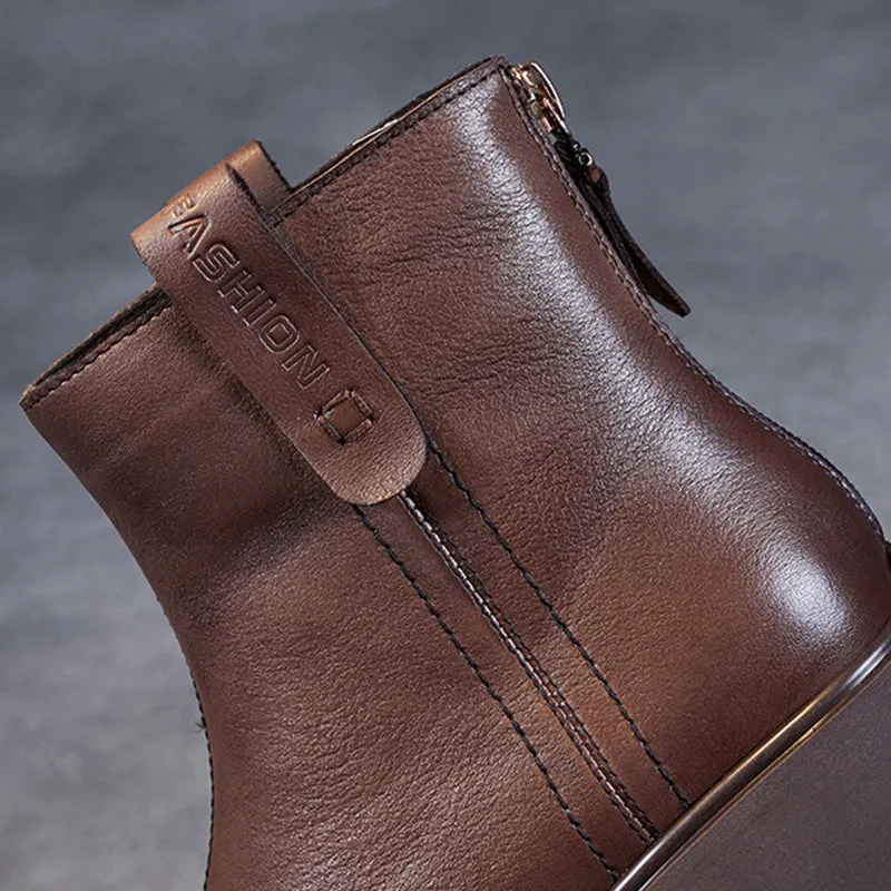 Women Retro Casual Patchwork Leather Chunky Heel Boots