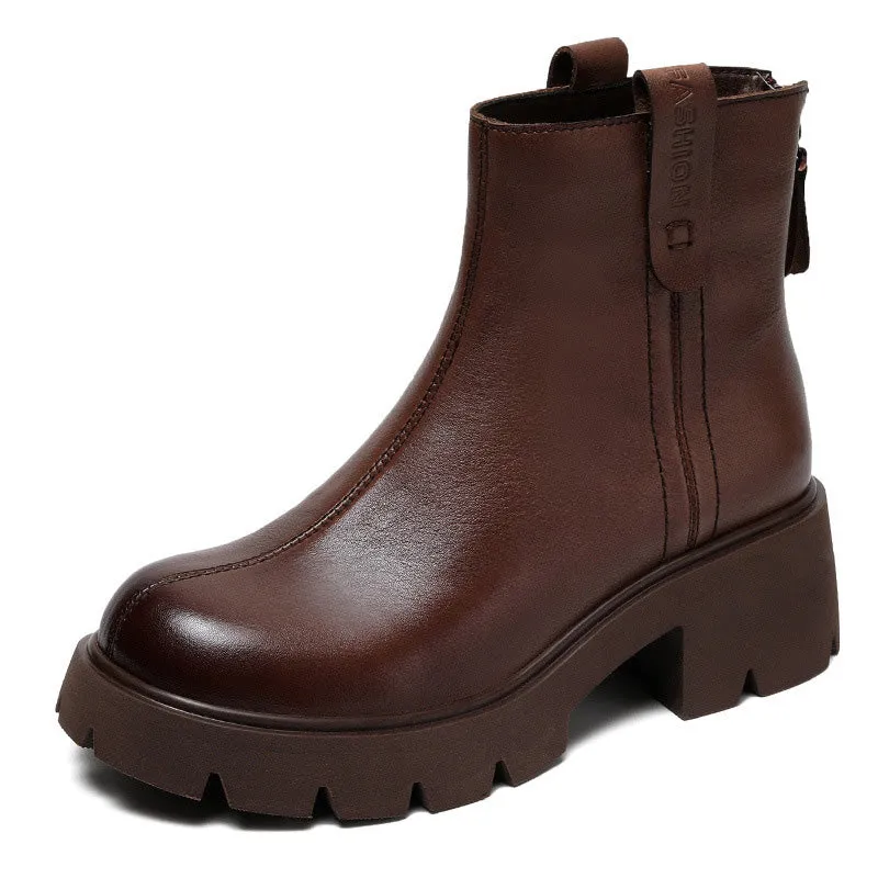 Women Retro Casual Patchwork Leather Chunky Heel Boots