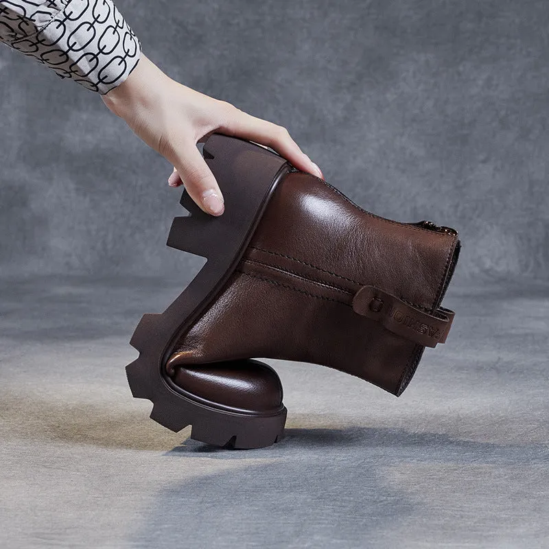 Women Retro Casual Patchwork Leather Chunky Heel Boots
