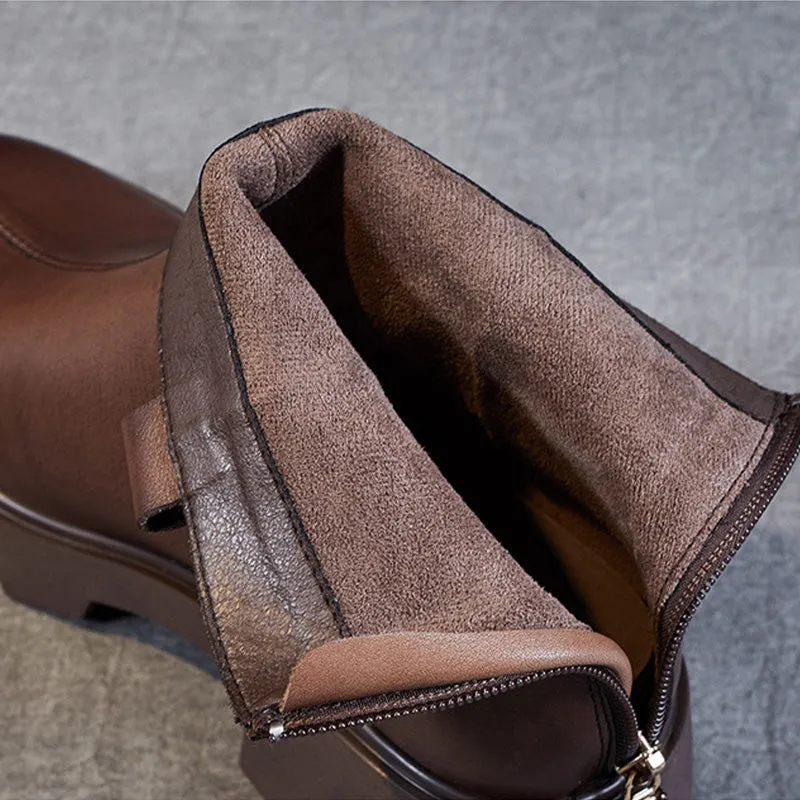 Women Retro Casual Patchwork Leather Chunky Heel Boots