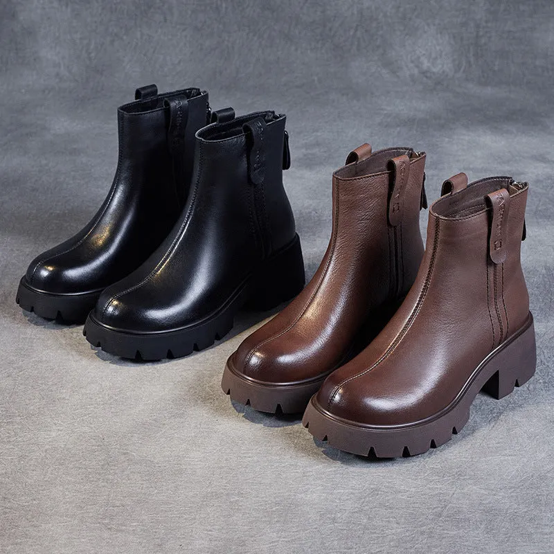 Women Retro Casual Patchwork Leather Chunky Heel Boots