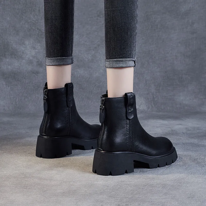 Women Retro Casual Patchwork Leather Chunky Heel Boots