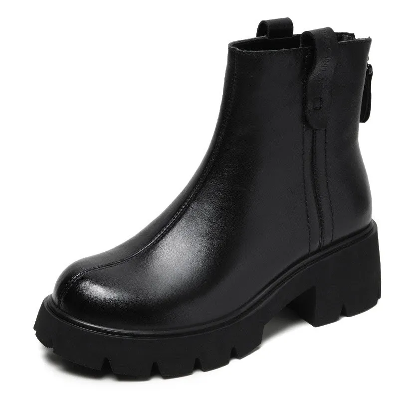 Women Retro Casual Patchwork Leather Chunky Heel Boots